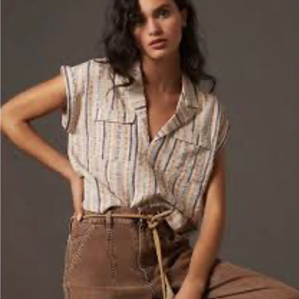 Anthropologie V-Neck Seersucker Popover Crop Top L